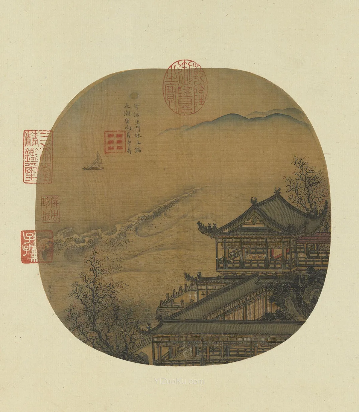 李嵩《月夜看潮图》纨扇图片