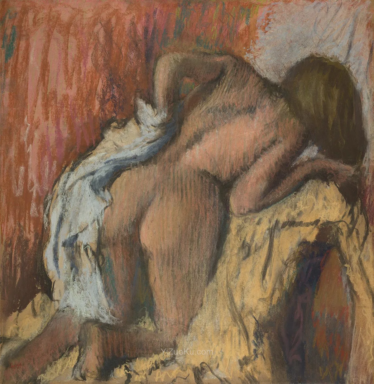 德加色粉画作品《沐浴后擦干身体的女人》图片