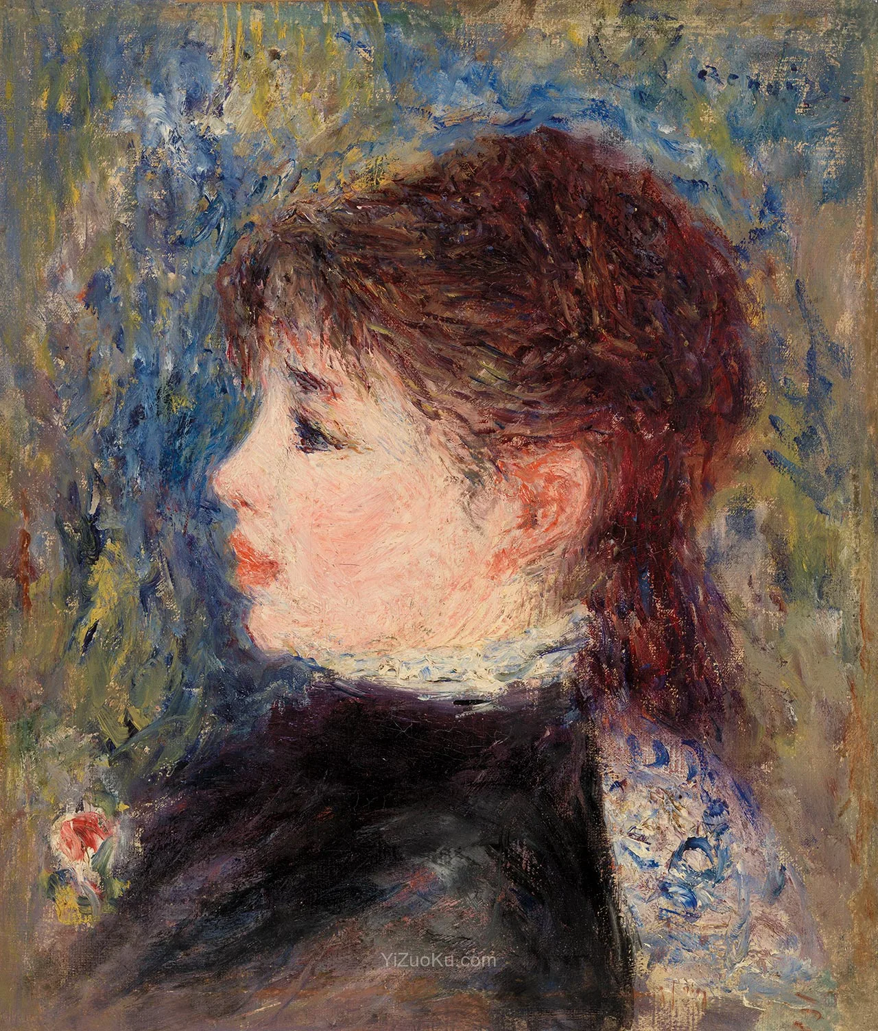 雷诺阿油画头像作品《持玫瑰的年轻女子》图片
