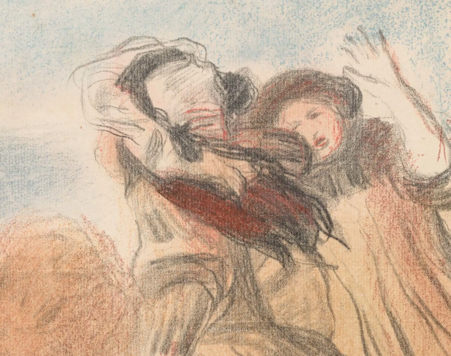雷诺阿石版套色版画《玩球的孩子们》高清大图局部 (1)